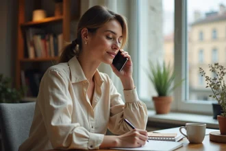 Femme utilisant son smartphone pour appeler la Suisse depuis un bureau à domicile, avec un carnet de notes et un café