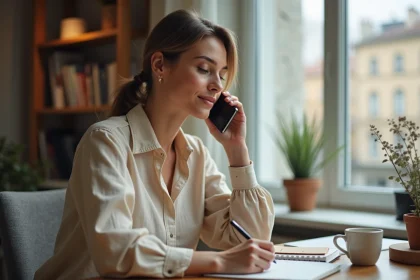 Femme utilisant son smartphone pour appeler la Suisse depuis un bureau à domicile, avec un carnet de notes et un café