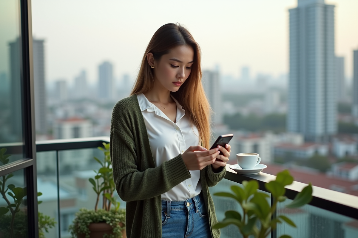 Jeune femme en extérieur vérifiant ses actions sur smartphone sur un balcon urbain