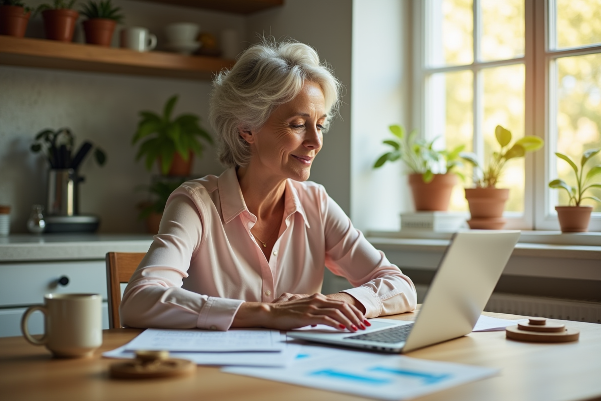Femme confiante à la cuisine vérifiant ses finances