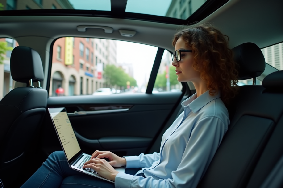 Jeune femme en vêtements décontractés dans voiture autonome