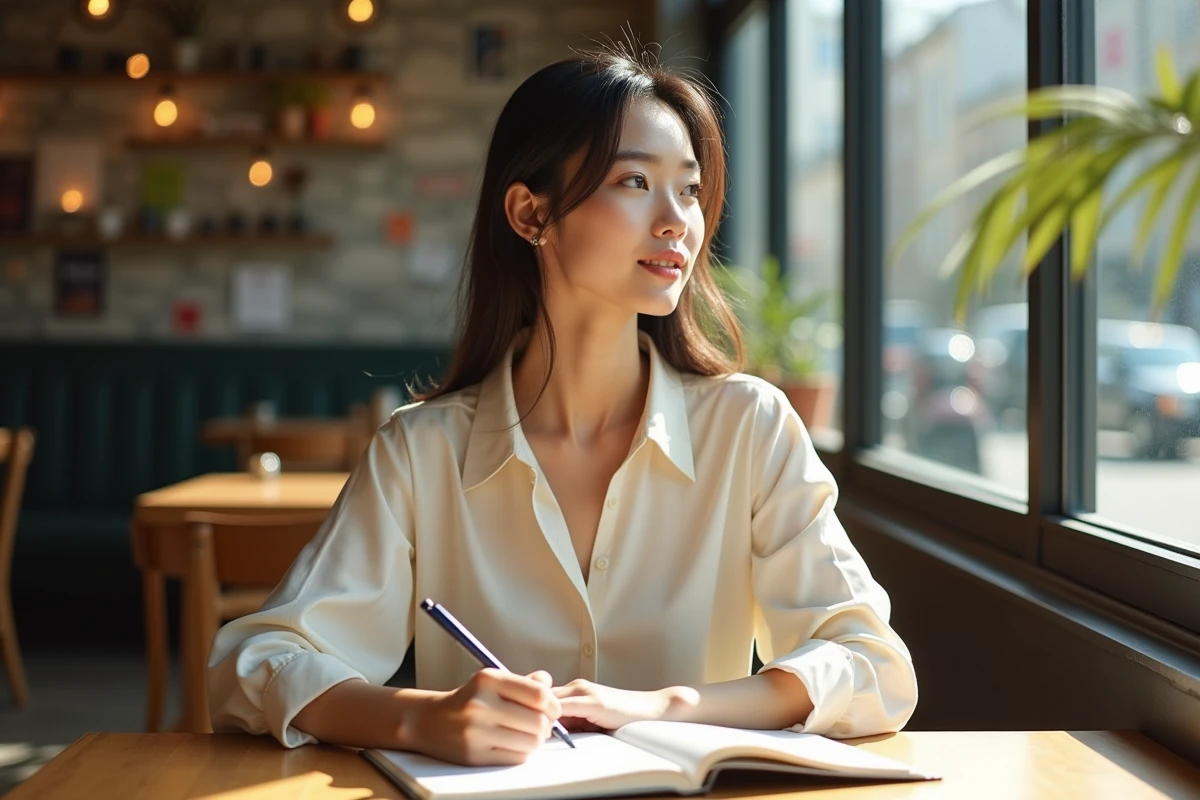 Jeune femme lisant dans un café en intérieur lumineux