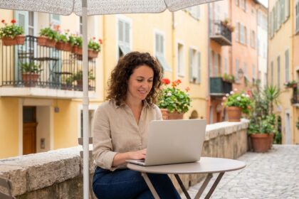 Femme détendue travaillant sur son ordinateur à Nice
