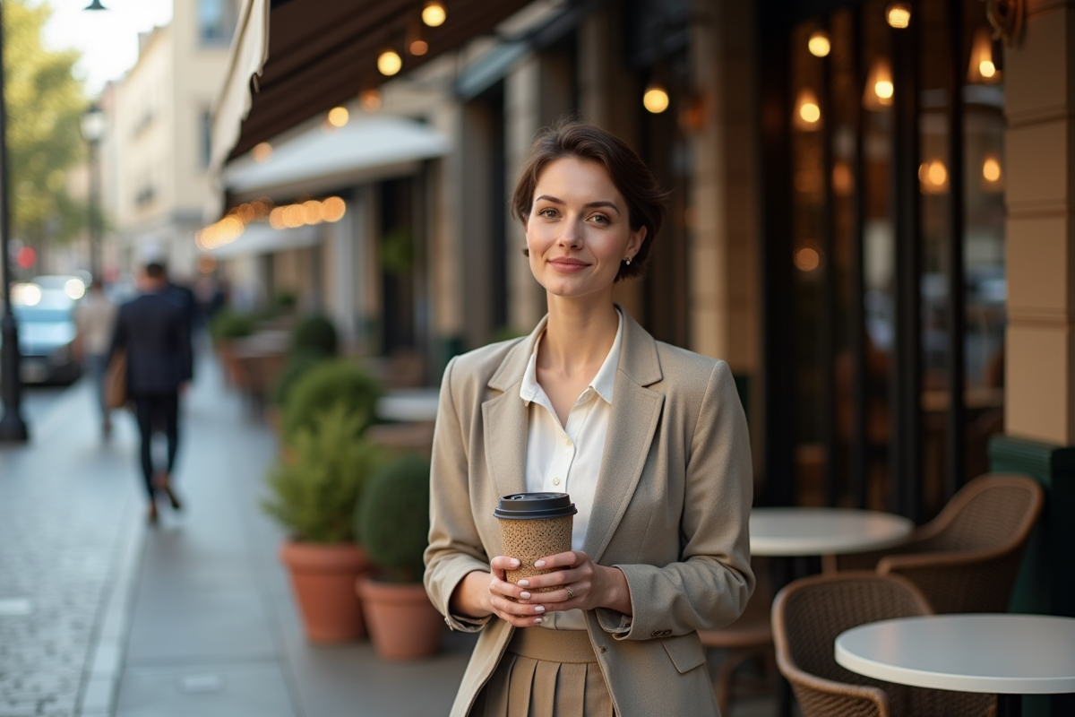 Femme avec tasse de cafe sur une terrasse urbaine