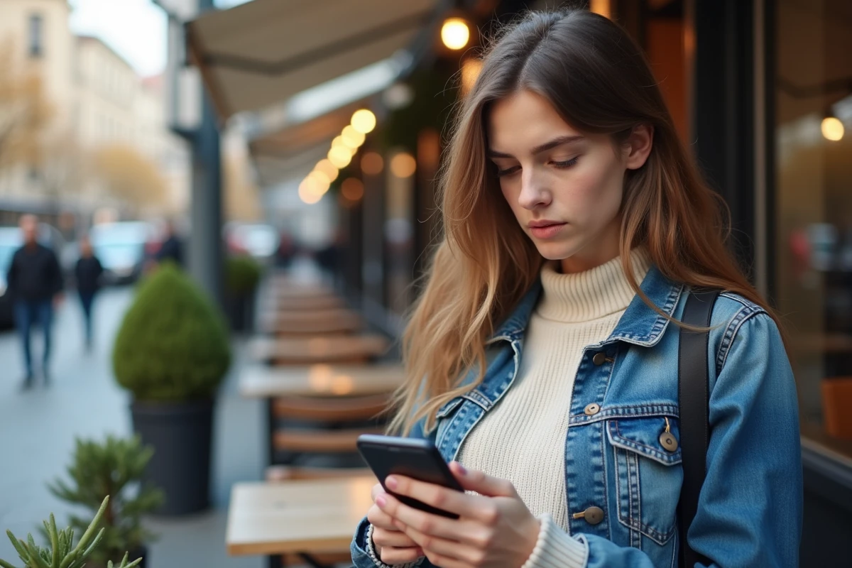 Jeune femme au café urbain lisant son smartphone