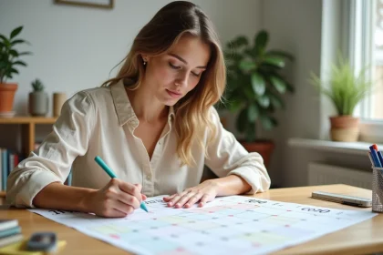 Femme utilisant des marqueurs colorés pour personnaliser un calendrier 2026 mensuel imprimé sur un bureau en bois