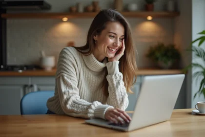 Femme souriante jouant à Cémantix sur son ordinateur portable à la maison