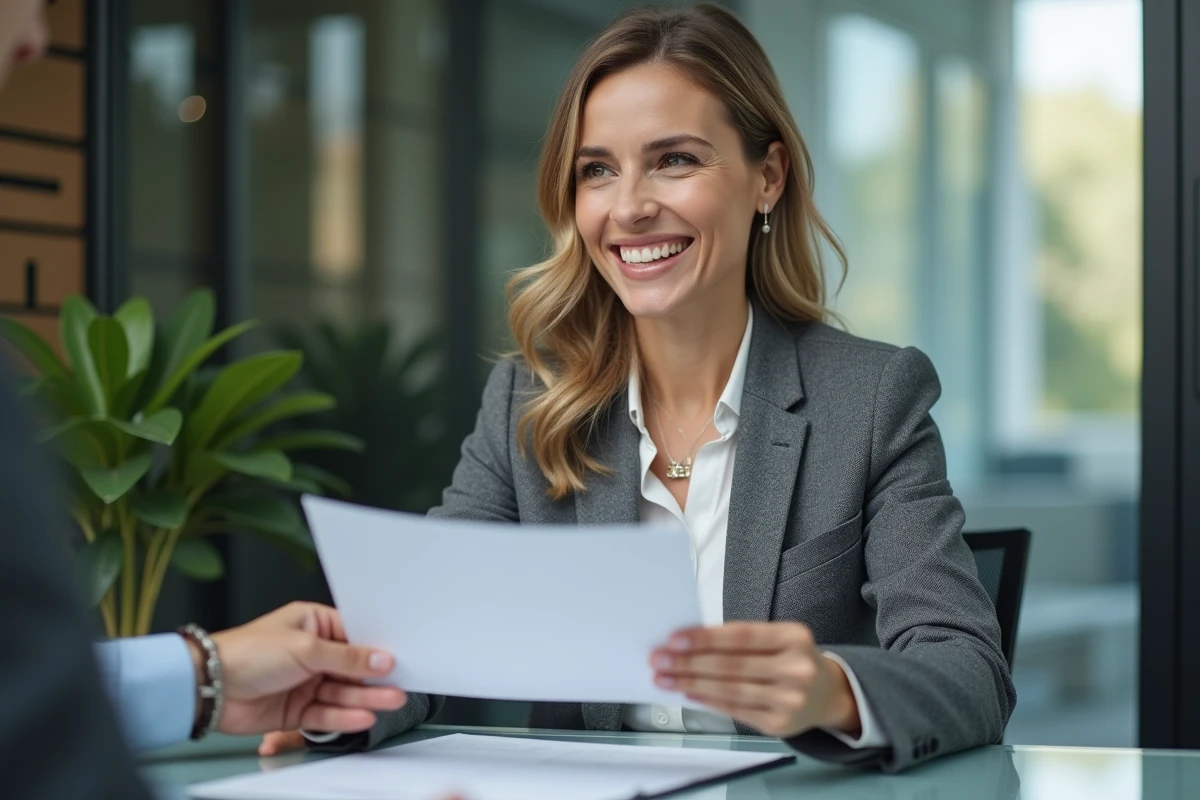 Femme souriante remettant un dossier à un conseiller bancaire