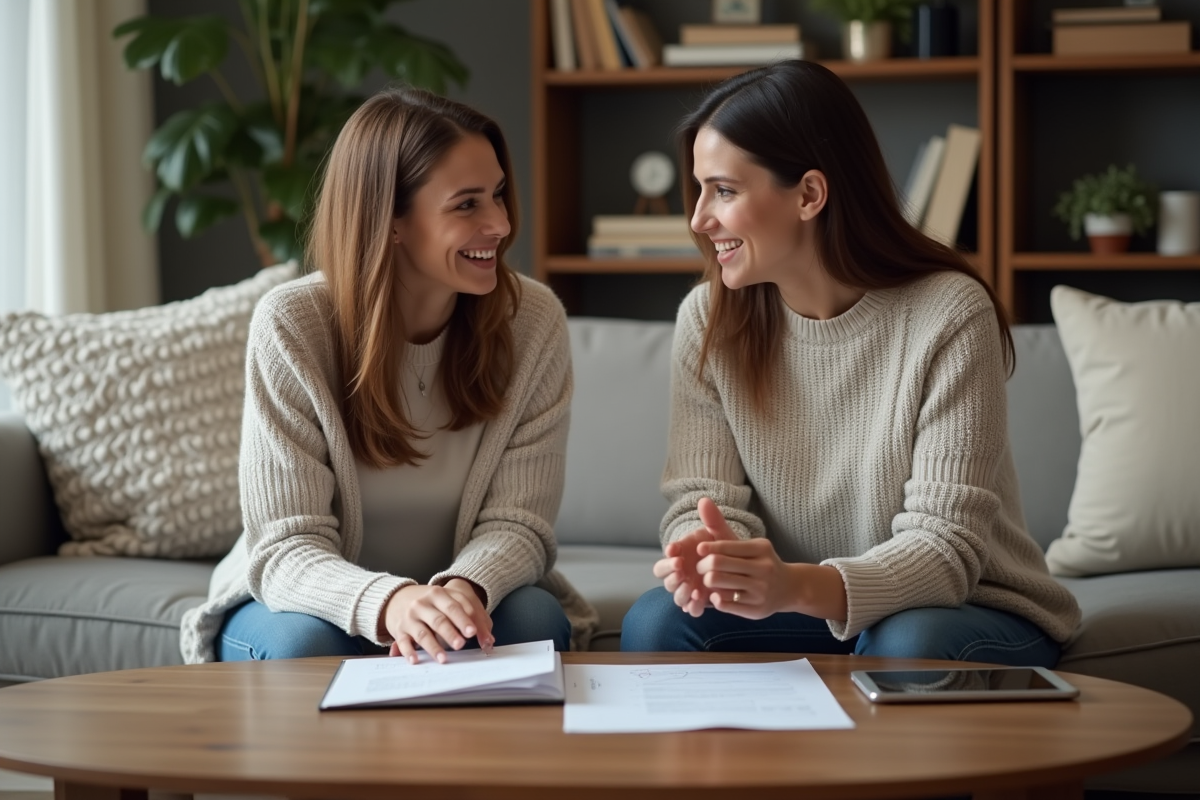 Femme décontractée consulte un conseiller dans un salon cosy