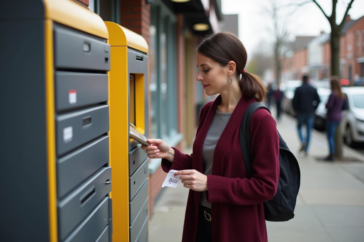 Femme devant une consigne automatique de colis cherchant à récupérer un envoi Vinted avec un code de retrait