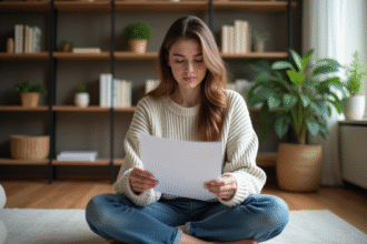 Jeune femme examine des documents d'assurance dans son salon