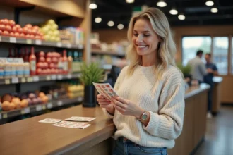 Femme souriante avec stickers de fidélité au supermarché