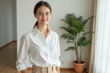 Femme en chemise blanche dans un intérieur minimaliste