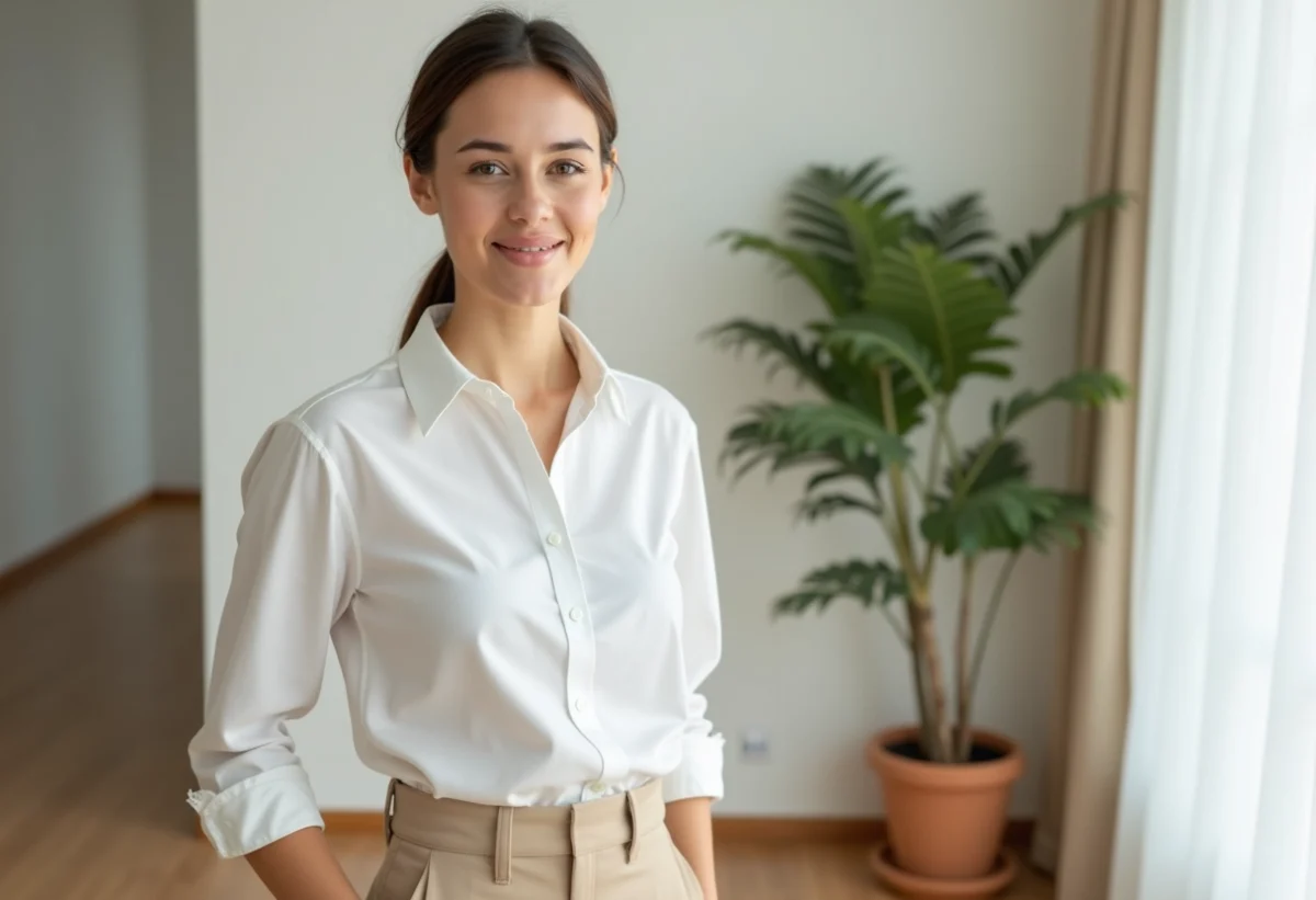 Femme en chemise blanche dans un intérieur minimaliste