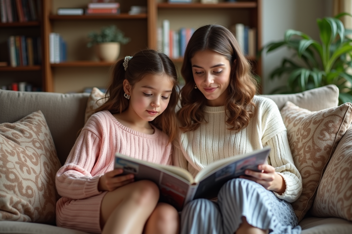 Mère et fille feuilletant un magazine de mode années 80