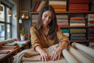 Femme souriante examinant des tissus dans une boutique de textiles