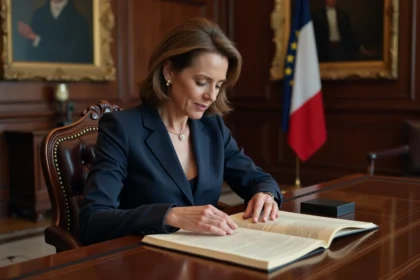 Femme française en costume navy lisant la Constitution