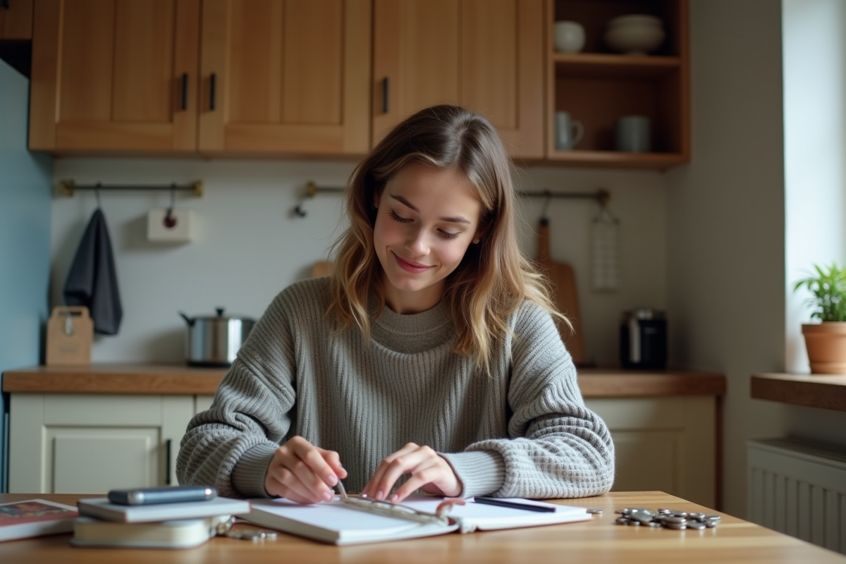Jeune femme arrangeant ses finances dans la cuisine
