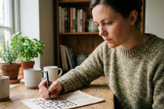Femme concentrée remplissant une grille de mots croisés à thème à sa table de cuisine en bois, illustrant le plaisir quotidien des grilles thématiques