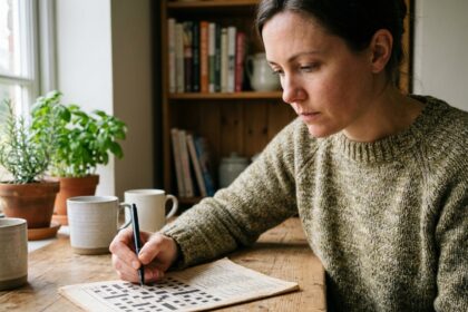 Femme concentrée remplissant une grille de mots croisés à thème à sa table de cuisine en bois, illustrant le plaisir quotidien des grilles thématiques