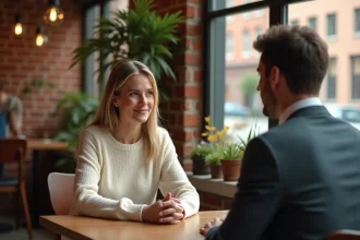 Femme douce et attentive en conversation rassurante avec un homme dans un café chaleureux
