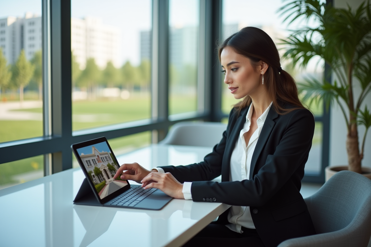 Jeune femme professionnelle utilisant une tablette dans un bureau immobilier