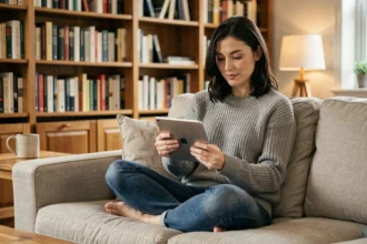 Femme lisant des ebooks sur une tablette dans un salon cosy avec des étagères de livres en arrière-plan