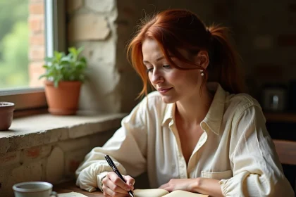 Femme d'une quarantaine d'années écrivant sa liste de désirs dans un carnet en cuir, assise dans une cuisine rustique en pierre, ambiance introspective et apaisante