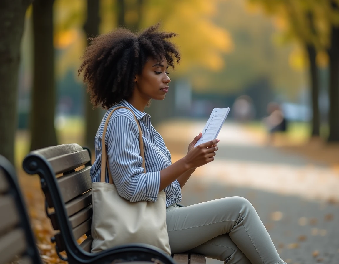 Femme lisant une liste manuscrite assise sur un banc dans un parc parisien en automne, moment de réflexion personnelle et de reconnexion avec ses aspirations