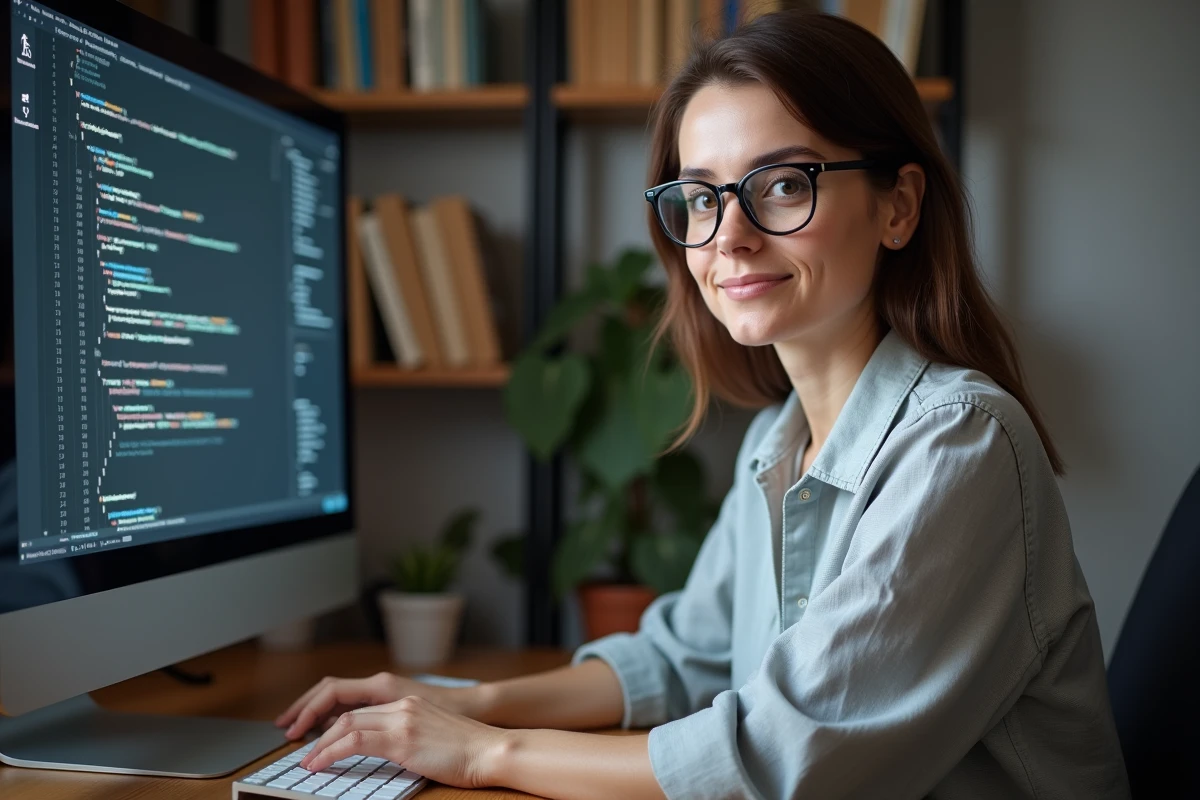 Femme utilisant un logiciel libre sur ordinateur dans un bureau associatif pour des projets d'intérêt général