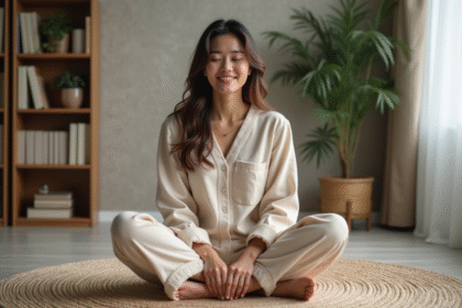 Femme en détente dans un salon paisible et cosy