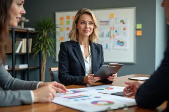 Femme d affaires en réunion avec graphiques colorés