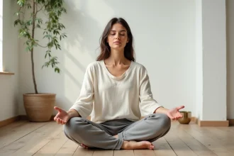 Femme en méditation pratiquant un mantra dans une salle minimaliste avec bol tibétain