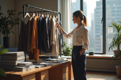 Femme styliste dans son bureau avec vêtements de créateurs