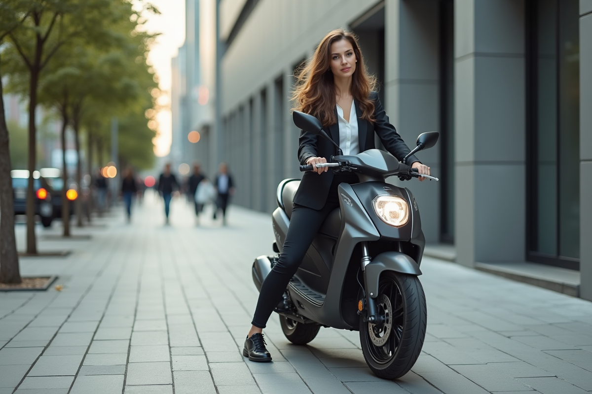 Femme professionnelle garer moto en ville dynamique