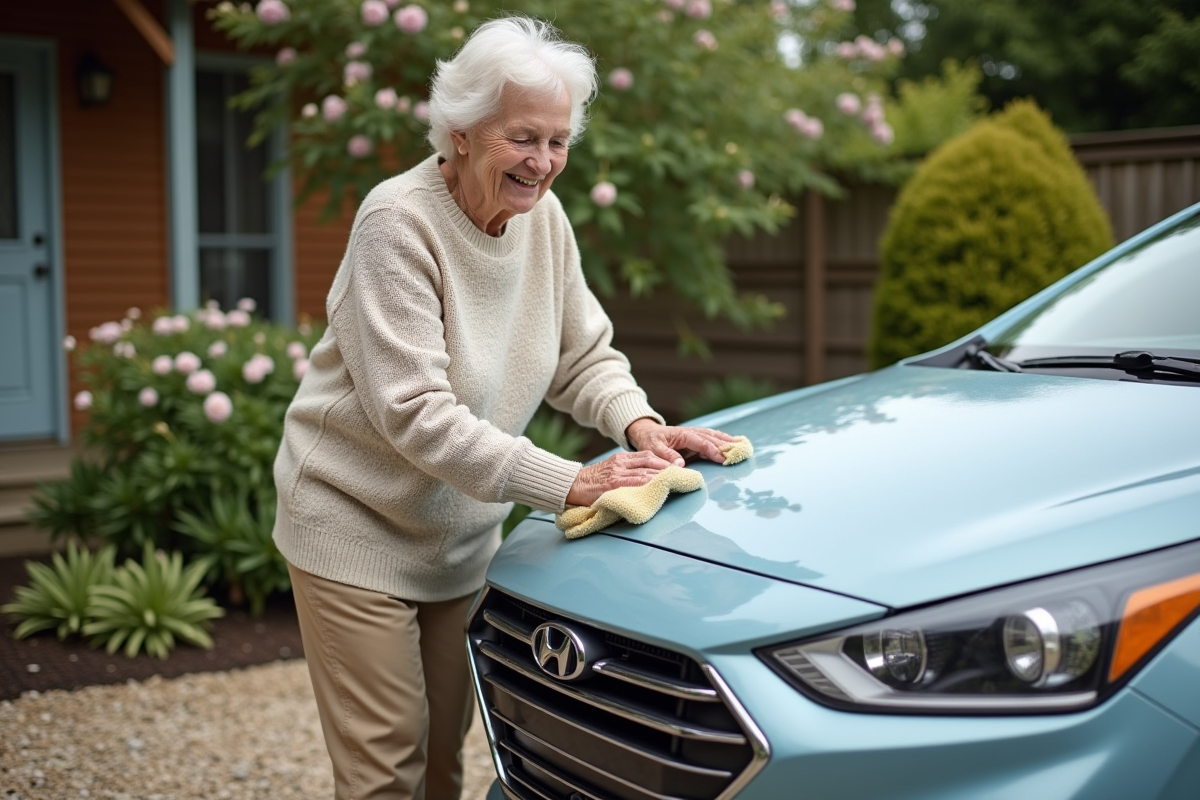 Femme âgée nettoyant le capot d