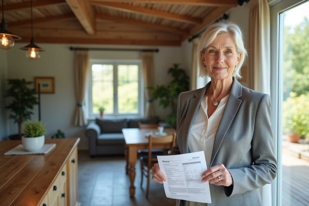 Femme d age tenant une notice fiscale dans une cuisine lumineuse