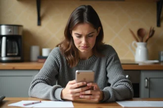 Femme consultant un numéro de portable inconnu sur son smartphone dans une cuisine