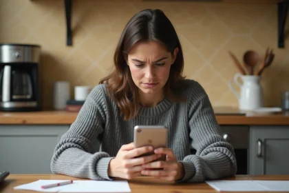 Femme consultant un numéro de portable inconnu sur son smartphone dans une cuisine