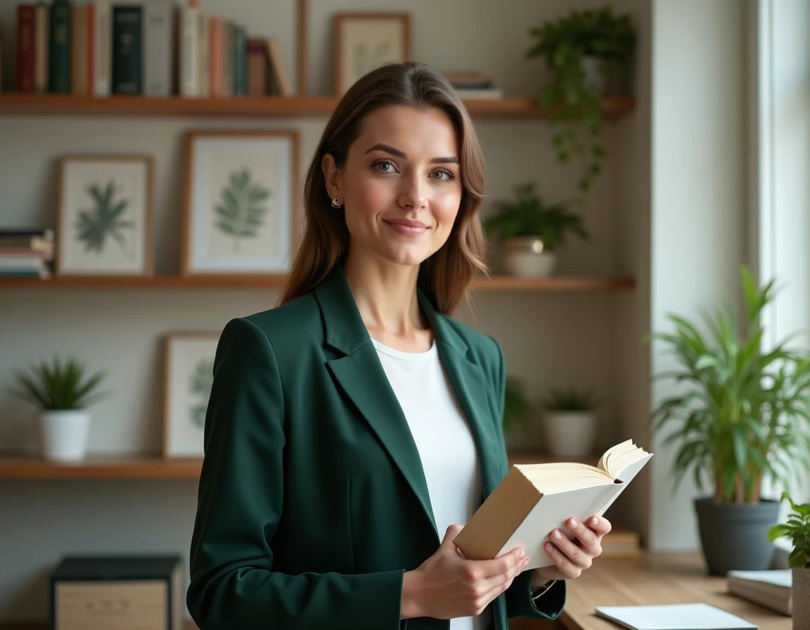 Femme organisée et intellectuelle dans un bureau soigné, personnalité compatible avec l'homme Vierge