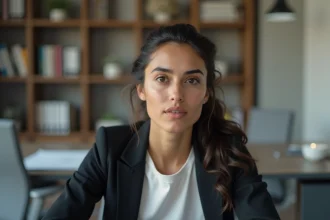 Jeune femme aux traits méditerranéens assise dans un bureau moderne, incarnant la réflexion sur l'identité culturelle et les origines