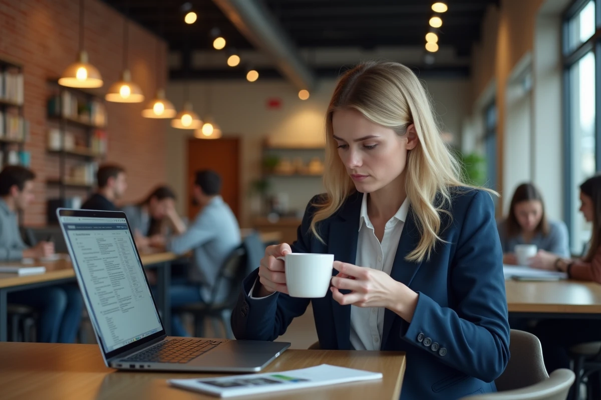Femme pensive dans un espace de coworking regardant un site d'archives avec doute