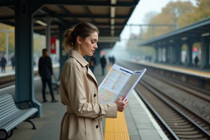 Femme consultant un plan du RER Île-de-France sur un quai calme pour éviter les heures de pointe