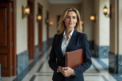 Femme politique française en blazer sombre dans un couloir institutionnel, alliant posture professionnelle et communication publique