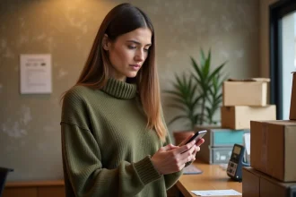 Femme inquiète au comptoir de La Poste consultant le suivi de son colis Vinted en retard sur son smartphone