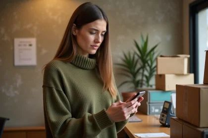 Femme inquiète au comptoir de La Poste consultant le suivi de son colis Vinted en retard sur son smartphone