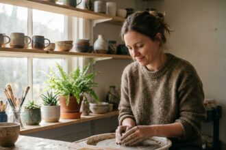 Femme en train de façonner de la poterie dans un atelier lumineux