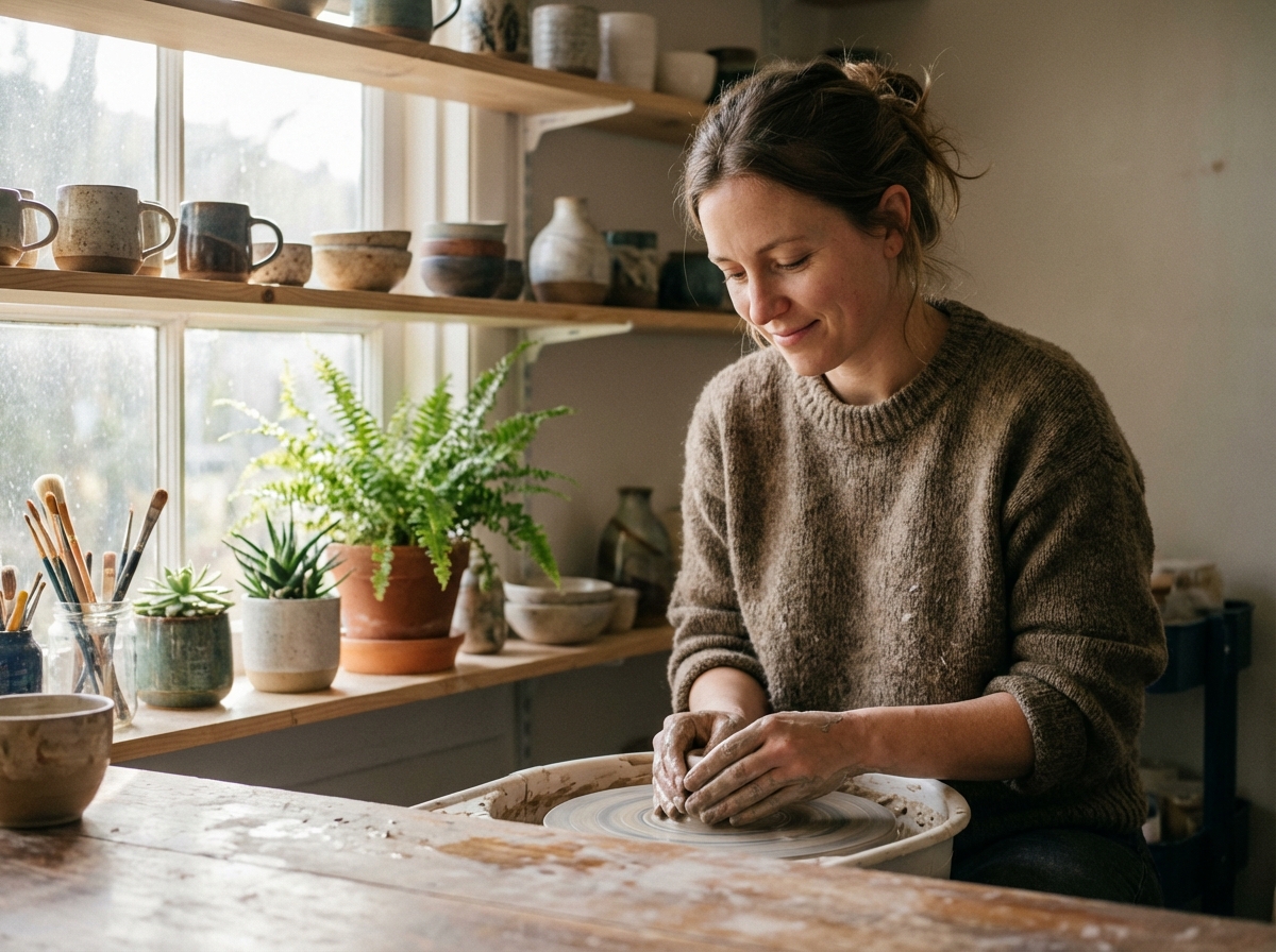 Femme en train de façonner de la poterie dans un atelier lumineux