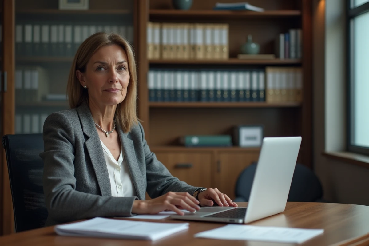 Femme cadre professionnelle assise à son bureau dans un bureau privé, dans un contexte d'entretien ou d'évaluation