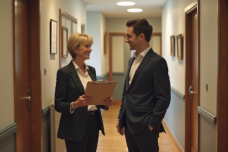 Femme professionnelle discutant dans un hall d'immeuble
